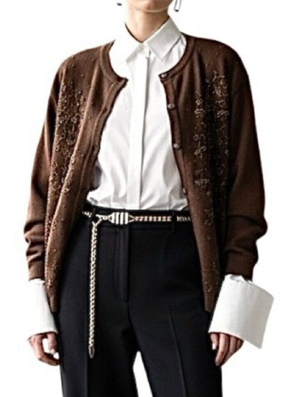 Vintage 90s Y2K wool blend brown beaded boxy old money cardigan sweater XL